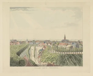 Nijmegen, widok z Belwederu na zachód Na Zachód (tytuł na obiekcie) Zabytki wokół miasta Nijmegen (tytuł serii) Panorama Geldersch lub okrągły widok życia narysowany na belwederze w Nymegen (tytuł serii)