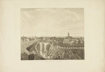 Nijmegen, widok z Belwederu na zachód Na Zachód (tytuł na obiekcie) Zabytki wokół miasta Nijmegen (tytuł serii) Panorama Geldersch lub okrągły widok życia narysowany na belwederze w Nymegen (tytuł serii)