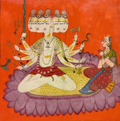 Sadashiva czczony przez Parvati, ok. 1690 (nieprzezroczysta akwarela, złoto i nałożone na papier skrzydło żuka, )