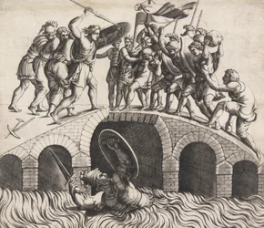 Horatio Coclès ratuje się pływaniem, XVI wiek.