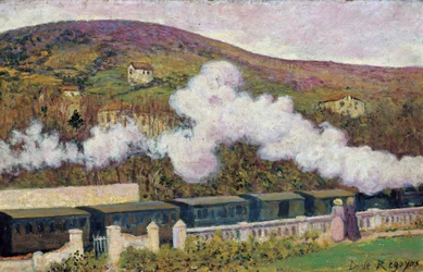 Przejazd pociągu - Regoyos y Valdes, Dario de (1857-1913) - 1902 - Olej na drewnie - 35x55 - Museo Carmen Thyssen, Malaga