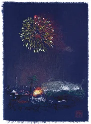 Artifices on Independence Day, 2025 (akryl, tusz i ołówek na tkaninie)