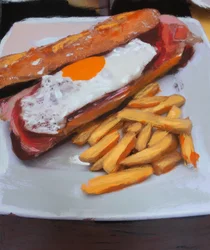 Bocata con huevo y patatas fritas, 2018 (farba akrylowa na wydrukowanym zdjęciu)