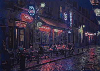 Calle y bar madrileño, 2025 (akryl, tusz i ołówek na tkaninie)