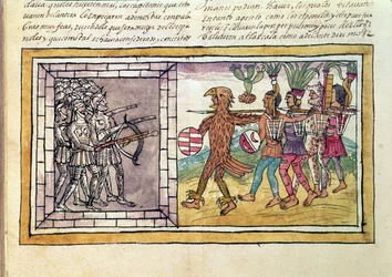 Kodeks Duran: Pedro de Alvarado (ok. 1485-1541) towarzysz broni Hernando Cortesa (1485-1547) oblegany przez azteckich wojowników