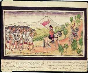 Fol.204v Indianie Totonac pomagają konkwistadorom w transporcie materiałów, 1579