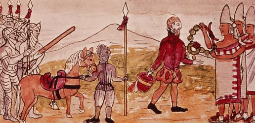 Fol.208v Spotkanie Hernando Cortesa (1485-1547) i Montezumy (1466-1520), miniatura z „Historii Indian” Diego Durana, 1579 (detal 227180)