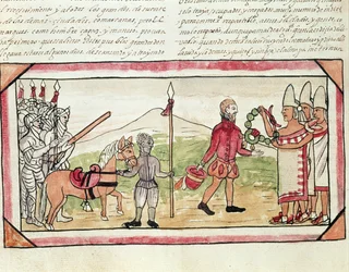 Fol.208v Spotkanie Hernando Cortesa (1485-1547) i Montezumy (1466-1520), miniatura z „Historii Indian” Diego Durana, 1579
