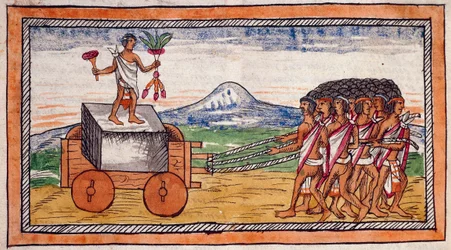 Aztekowie przewożący kamienie do budowy swoich miast, akwarela stretch z Historii Indii Diego Durana (1537-1588), rękopis, folio 188 recto