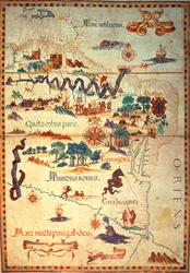 Dodaj Atlas 5415A f.23v-24 autorstwa Diego Homema z Ameryki Południowej, przedstawiający Indian w ich osadach, hiszpański obóz ekspedycyjny i mężczyzn w zbroi, ok. 1558