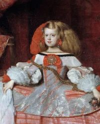 Portret infantki Małgorzaty Austriackiej (1651-1673), córki Filipa IV. Fragment. Obraz Diego Velázqueza (1599-1660), około 1659. Wymiary: 2,12 x 1,47 m. Madryt, Muzeum Prado.