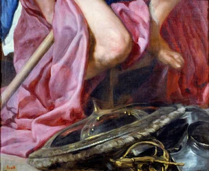 Bóg wojny Mars, fragment tarczy i zbroi umieszczonej u stóp boga. Obraz Diego Rodrigueza de Silva y Velasquez (1599-1660)