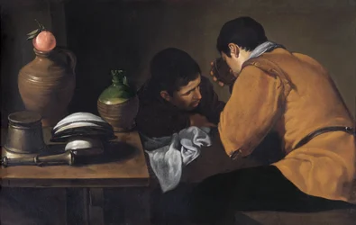 Dwóch młodych mężczyzn jedzących przy skromnym stole ok. 1618-20 (olej na płótnie)