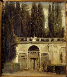 Villa Medicis w Rzymie, dwóch mężczyzn przy wejściu do jaskini, loggia w budowie Widok na ogrody Villa Medicis. Obraz Diego Velasqueza (1599-1660), ok. 1649 r. nd. 0,48x0,42 m Madryt, Muzeum Prado