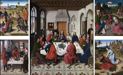 Zbieranie manny i Pascha (rewers po lewej), Ostatnia Wieczerza (środek), Spotkanie Abrahama i Melchizedeka oraz Eliasz obudzony przez anioła (1 Krl 19:5-6) (rewers po prawej).