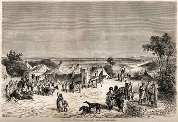 Obóz Touaregów, narysowany przez Lancelota, ilustrujący podróż dr Henri Bartha do centrum Afryki w latach 1849-1855. Grawerowanie w „”Le tour du monde, nouveau journal des voyages””Paryż