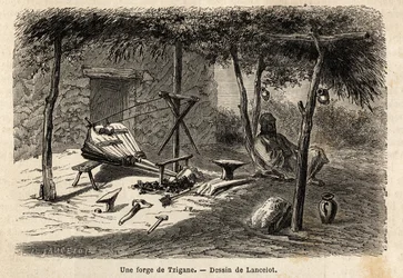 Kuźnia cygańska w regionie Wołoszczyzny w Rumunii. Rycina ilustrująca podróż z Paryża do Bukaresztu, autorstwa Lancelota, rysownika, w 1860 r., opublikowana w „Le tour du monde, nouveau journal des voyages”, pod kierunkiem Edouarda Chartona