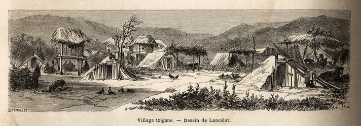 Wioska cygańska. Rycina ilustrująca podróż z Paryża do Bukaresztu, autorstwa Lancelota, rysownika, w 1860 r., opublikowana w „Le tour du monde, nouveau journal des voyages”, pod kierunkiem Edouarda Chartona
