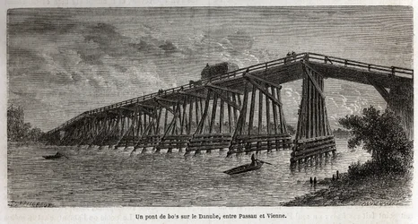 Drewniany most na Dunaju, między Pasawą a Wiedniem, rysunek Lancelota, ilustrujący podróż Victora Duruya z Paryża do Bukaresztu w 1860 roku. Rycina w „Le tour du monde” pod redakcją Edouarda Chartona