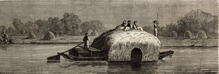 Koszenie, zbiór i transport paszy na brzegach Dunaju. Rysunek Lancelota, ilustrujący jego podróż z Paryża do Bukaresztu w 1860 r. Grawer w „”Le tour du monde””, pod redakcją Edouarda Chartona