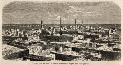Ogólny widok Trypolisu, rysunek Lancelota, ilustrujący spacery trypolitańskie barona de Kraffta w 1860 roku. Grawer w „Le tour du monde” 1861. Kolekcja Selvy.