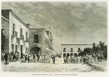 Miejski Pałac Valladolid. Grawerowanie Lancelota ilustrujące historię Ma last ekspedycja na Jukatan, autorstwa Desire Charnay, in le tour du monde 1887, reżyseria Edouard Charton (1807-1890), Hachette, Paryż.
