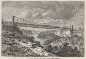 Podwójny most Niagara, rysunek Lancelota, ilustrujący podróże L. Devilla do Ameryki Północnej w latach 1854-55. Grawer w „Le tour du monde” 1861. Kolekcja Selvy.