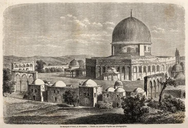 Meczet Omara, zbudowany w 691 r. w Jerozolimie, rysunek Lancelota, ilustrujący podróż Bidy do Palestyny w 1856 r. Rycina w „”Le tour du monde, nouveau journal des voyages””Paryż