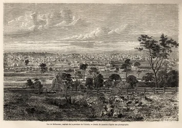 Widok Melbourne (Australia), rysunek Lancelota, ilustrujący wspomnienia francuskiego skłotera w Australii w latach 1854-1859, autorstwa M. de Castella. Grawer w „Le tour du monde” 1861. Kolekcja Selvy.