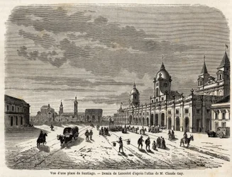 Widok placu w Santiago (Chile), rysunek Lancelota, ilustrujący podróż do Ameryki Południowej w 1823 roku, autorstwa Giovanniego Mastai Ferretti (1792-1878, późniejszy Pius IX). Grawerowanie w „”Le tour du monde, nouveau journal des voyages””Paryż