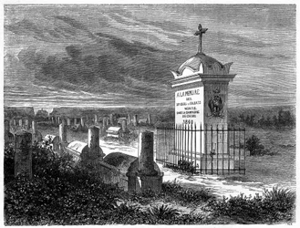 Widok na Cmentarz Francuski w Pekinie (Pekin), Chiny. Grawer według rysunku Lancelota, w „”Le Tour du Monde, Nouveau journal des Voyages””, pod redakcją Edouarda Chartona, Paryż