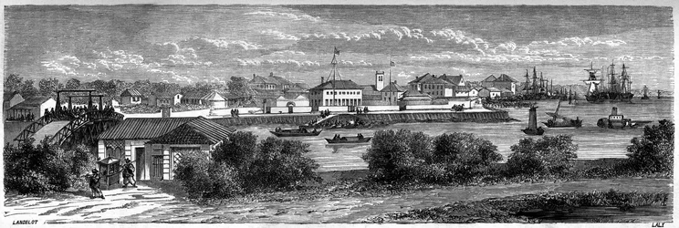 Widok koncesji Stanów Zjednoczonych na rzece Huangpu w Szanghaju w 1860 r., Chiny. Grawer Lancelot, w „”Le Tour du Monde, Nouveau journal des Voyages””, pod redakcją Edouarda Chartona, Paryż