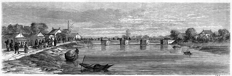 Widok mostu na rzece Suzhou w pobliżu Szanghaju w 1860 roku w Chinach. Grawer Lancelot, w „”Le Tour du Monde, Nouveau journal des Voyages””, pod redakcją Edouarda Chartona, Paryż