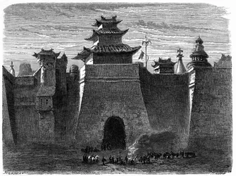 Mury i Brama Pekinu (Pekin), Chiny. Grawer Lancelot, w „”Le Tour du Monde, Nouveau journal des Voyages””, pod redakcją Edouarda Chartona, Paryż