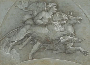 Skrzydlaty Putto na koniku morskim i lwie według Rafaela, verso..., 1574.