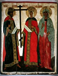 Ikona przedstawiająca SS. Konstantyn, Helena i Agata, Szkoła Nowogrodzka, ok. 1500