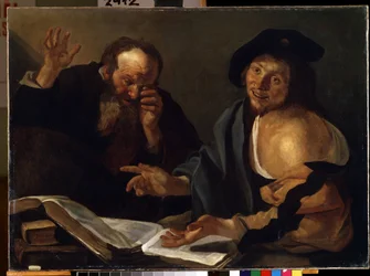 """"Heraklit i Demokryt"" Greccy filozofowie Heraklit z Efezu (Heraklit) (535-475 pne) i Demokryt (Demokryt) (460-370 pne). Obraz Theodore van Baburen (Dirk Baburen) (1570/90-1623/4) Muzeum Sztuk Pięknych Mikalo z XVII wieku