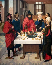 Kościół parafialny (Parochiekerk Sint-Pieter). Obraz. Ostatnia Wieczerza. Napady Dirka. 1464-1468. Szczegół. Lewy panel.