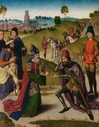 O Encontro de Abraão e Melquisedeque, detalhe do Retábulo do Santíssimo Sacramento, c.1464-68 (óleo sobre painel)polonês