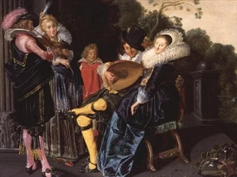 Elegancka impreza muzykująca nad ozdobnym jeziorem, 1621