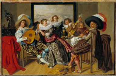 Gallant Meeting Muzycy i młode kobiety grające muzykę i podnoszące kieliszki na imprezie. Obraz Dirka Halsa (1591-1656) 1625 nd. 0,3x0,46m²