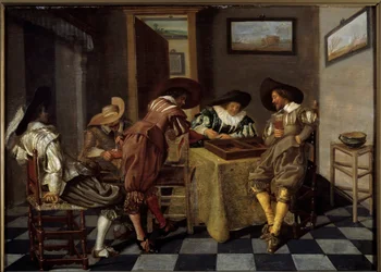Część tri-trac (tri-trac: stara gra w tryktrak). Obraz Dirka Halsa (1591-1656), ok. 1615-1625. Olej na drewnie. Wymiary: 0,38 X 0,53m. Lille, Musee Des Beaux Arts - Gracze Tic-trac („Trictrac: starożytna gra w tryktrak”). Obraz Dirka Halsa (159