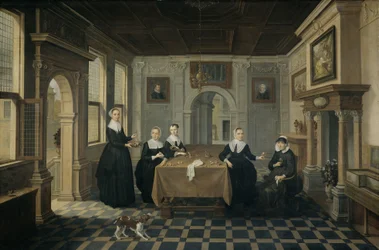 Pięć kobiet we wnętrzu, ok. 1630-1652 (olej na płycie)