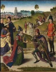 Ołtarz Ostatniej Wieczerzy: Spotkanie Abrahama i Melchizedeka lewe skrzydło, 1464-1468