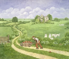 Jabłko-taczka: Joseph Poorgrass wożący beczkę jabłek do rezydencji Batszeby, z Dalekiego od szalejącego tłumu, Thomas Hardy