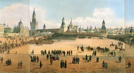 Katedra św. Bazylego widziana z Kremla, z panoramy Moskwy, rytowana przez Philippe Benoist 1813-c.1905 i Aubrun, wyd. Lemercier, ok. 1840, detal lito z 105095