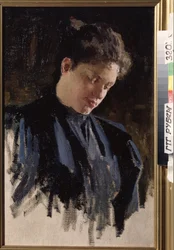 Retrato da artista Olga Ludvigovna Della-Vos-Kardovskaya (Della Vos Kardovskaya) (Della Vos Kardovskaja) (Della-Vos-Kardovskaja) (1875-1952). (Retrato do artista O. Della Vos Kardovskaya). Pintura de Dmitri Nikolayevich Kardovsky (Kardovski) (1866-polonês)
