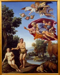 Bóg gani Adama i Ewę Obraz Domenico Zampieri (Dominiquin) 1625 nd. 0,95x0,75 m Grenoble, muzeum Sztuk Pięknych