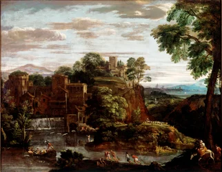 Krajobraz z ucieczką w Egipcie Obraz Domenico Zampieri dit Il Domenichino (1581-1641) ok. 1620 r. Słońce. 165x202 cm Paryż, Musee du Louvre - Pejzaż z ucieczką do Egiptu, autorstwa Domenico Zampieri aka Il Domenichino (1581-1641). olej na płótnie