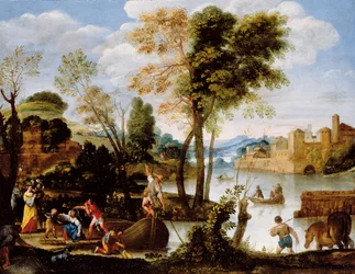 Włoski krajobraz rzeki z wioślarzem i kobietą z koszem krabów, ok. 1604-05